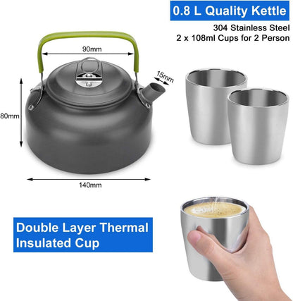 Camping Geschirr-Set für 1-2 Personen Aluminium Kochset Outdoor Campingkocher 12-teilig
