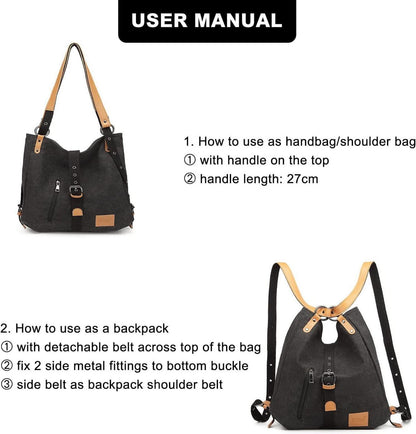 Großer KONO Canvas Rucksack Damen Henkeltasche Diebstahlschutz