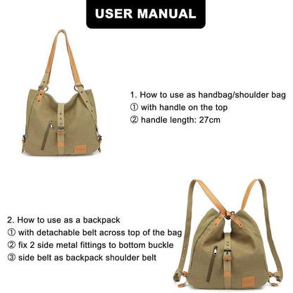 KONO Canvas Henkeltasche Rucksack Damen Groß Braun