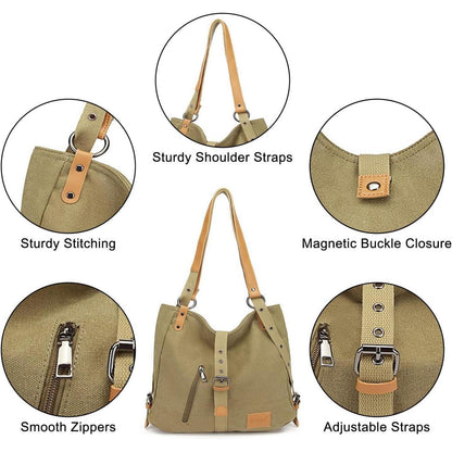 KONO Canvas Henkeltasche Rucksack Damen Groß Braun