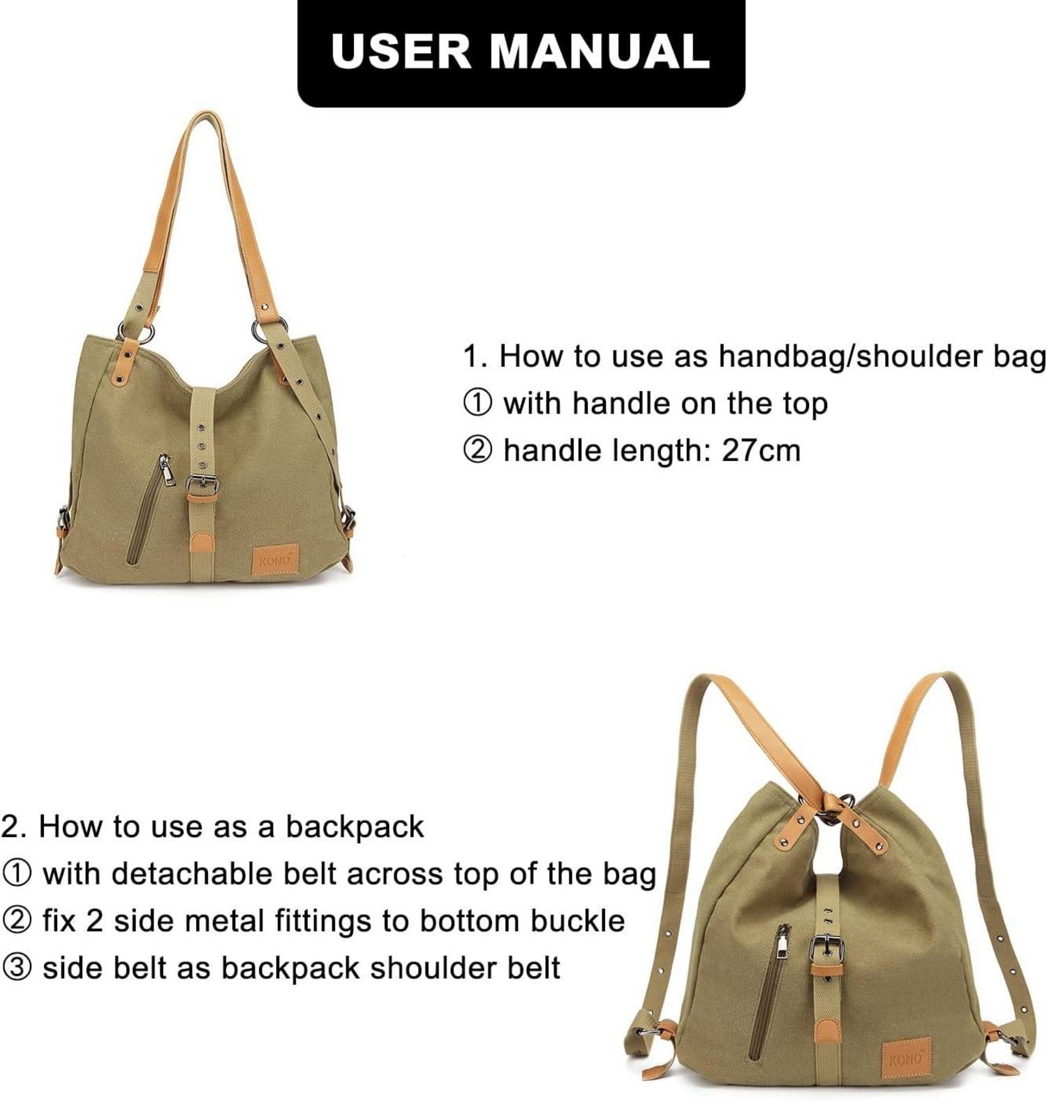 KONO Canvas Rucksack Damen Taschen Groß Anti Diebstahl Henkeltaschen