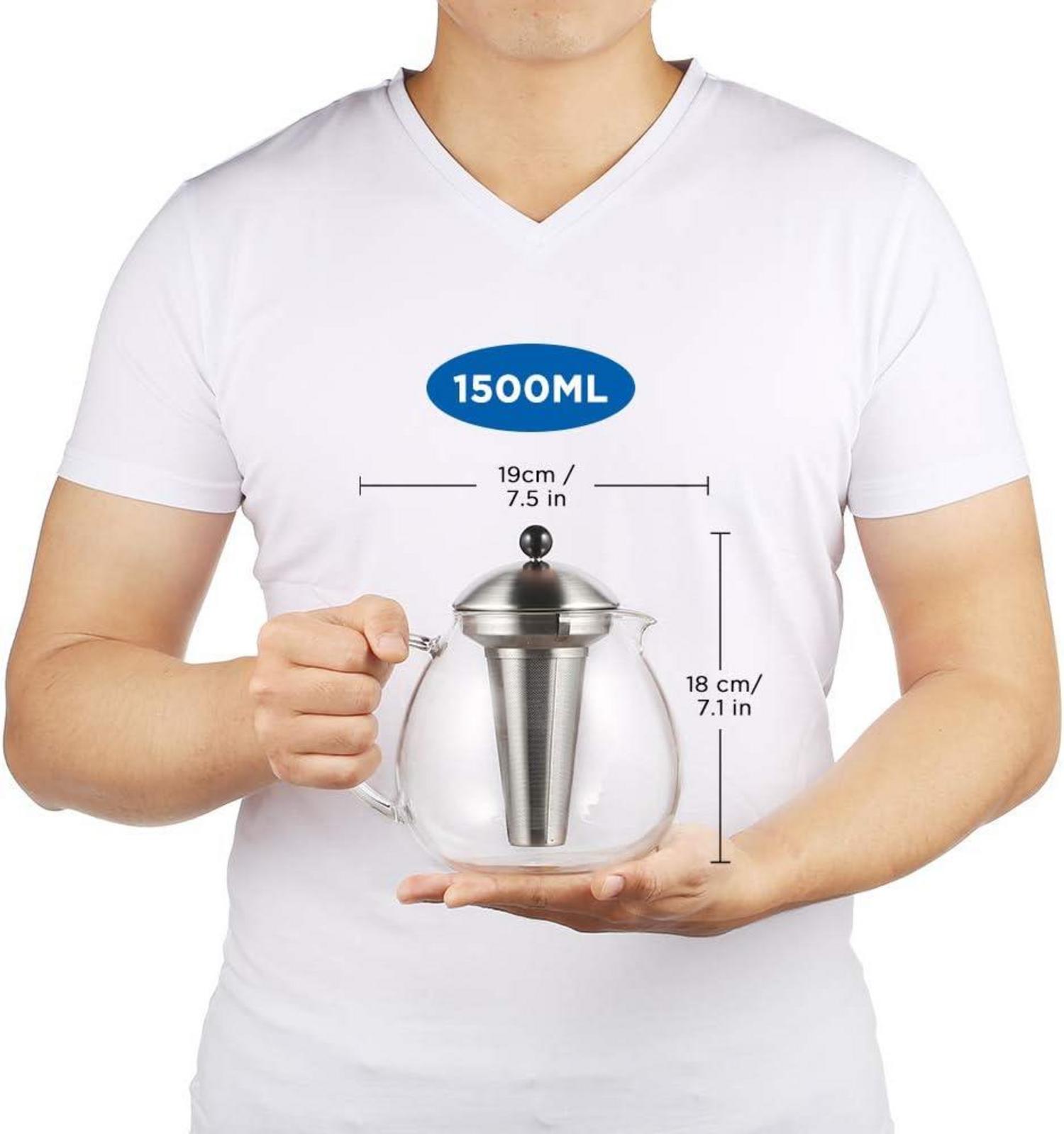 Silberne Glas Teekanne 1500ml mit Edelstahl Teesieb Borosilikatglas