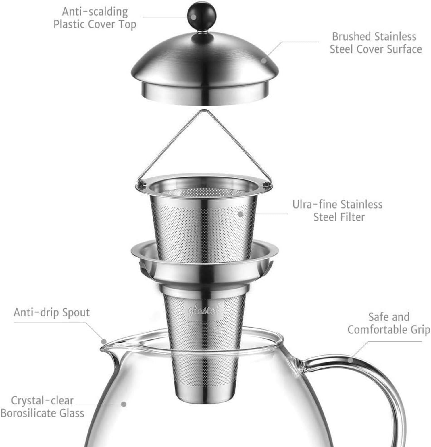 Glastal Silberne Teekanne 1500ml mit Edelstahl Teesieb Borosilicate Glas-Teebereiter