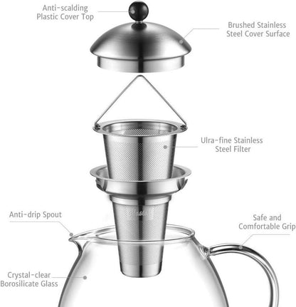 Glastal Silberne Teekanne 1500ml mit Edelstahl Teesieb Borosilicate Glas-Teebereiter