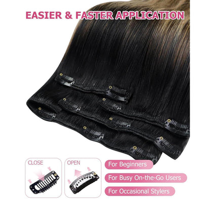 Clip-in Echthaar Extensions Schwarz Balayage Braun Blond