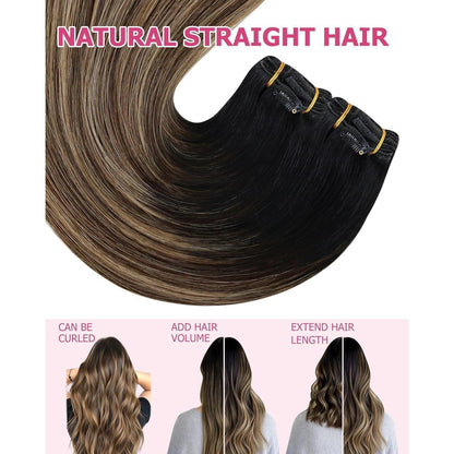 Clip-in Echthaar Extensions Schwarz Balayage Braun Blond