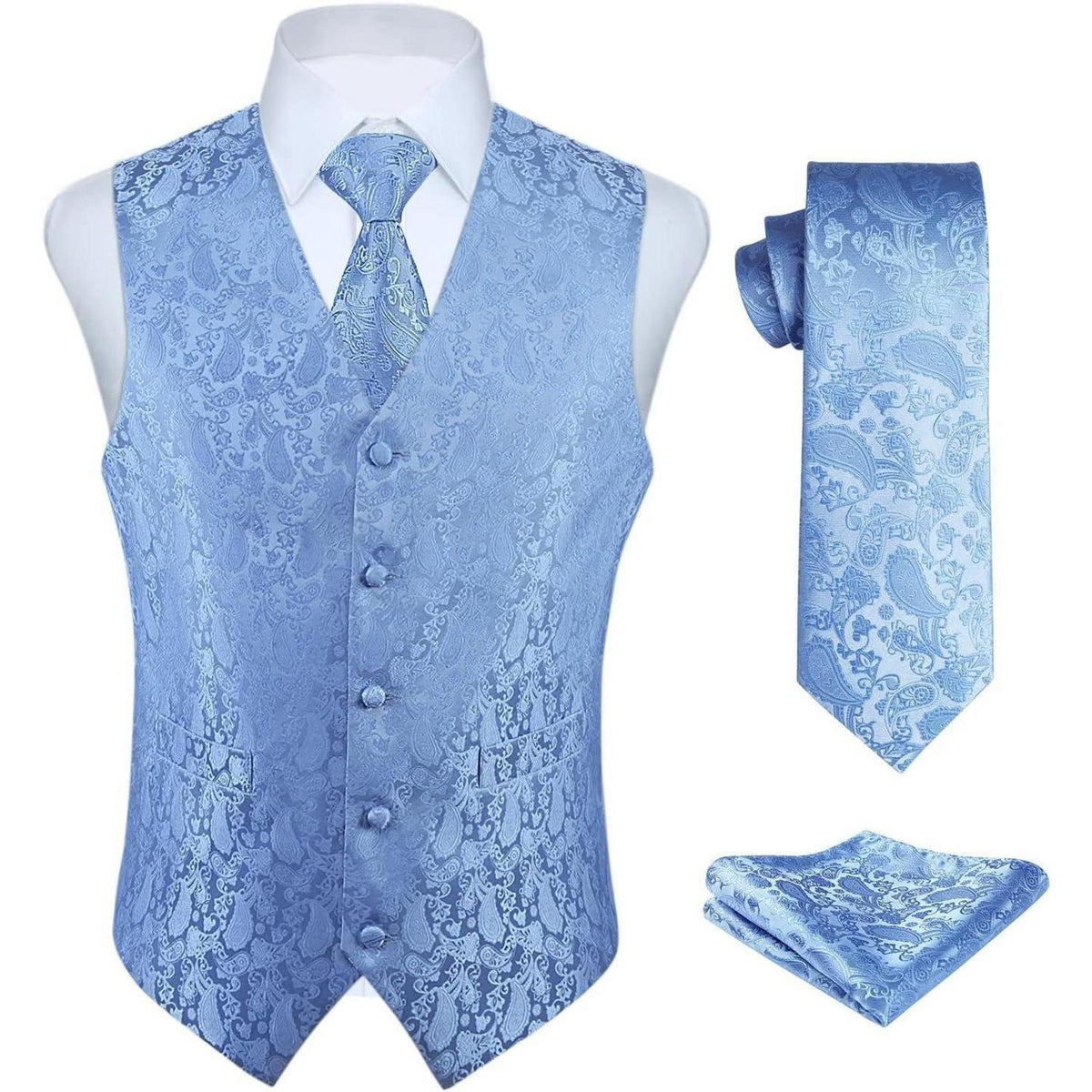 Herren Anzugweste Set Paisley Blau mit Krawatte & Einstecktuch