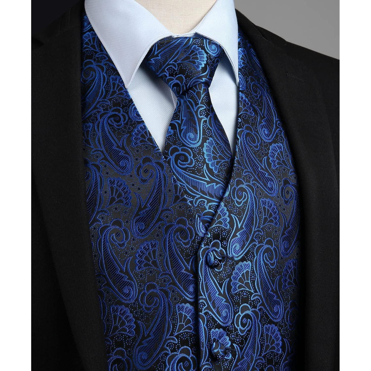 Herren Anzugweste Paisley mit Krawatte & Einstecktuch Blau 3XL
