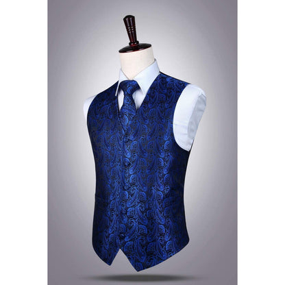 Herren Anzugweste Paisley mit Krawatte & Einstecktuch Blau 3XL