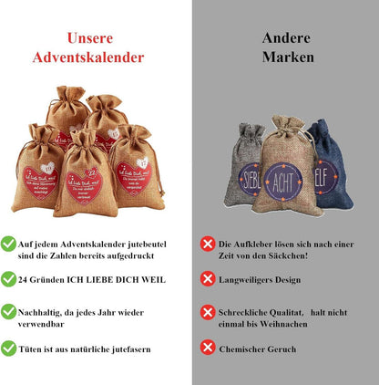 Adventskalender zum Selbst Befüllen mit 24 Gründen Ich Liebe Dich