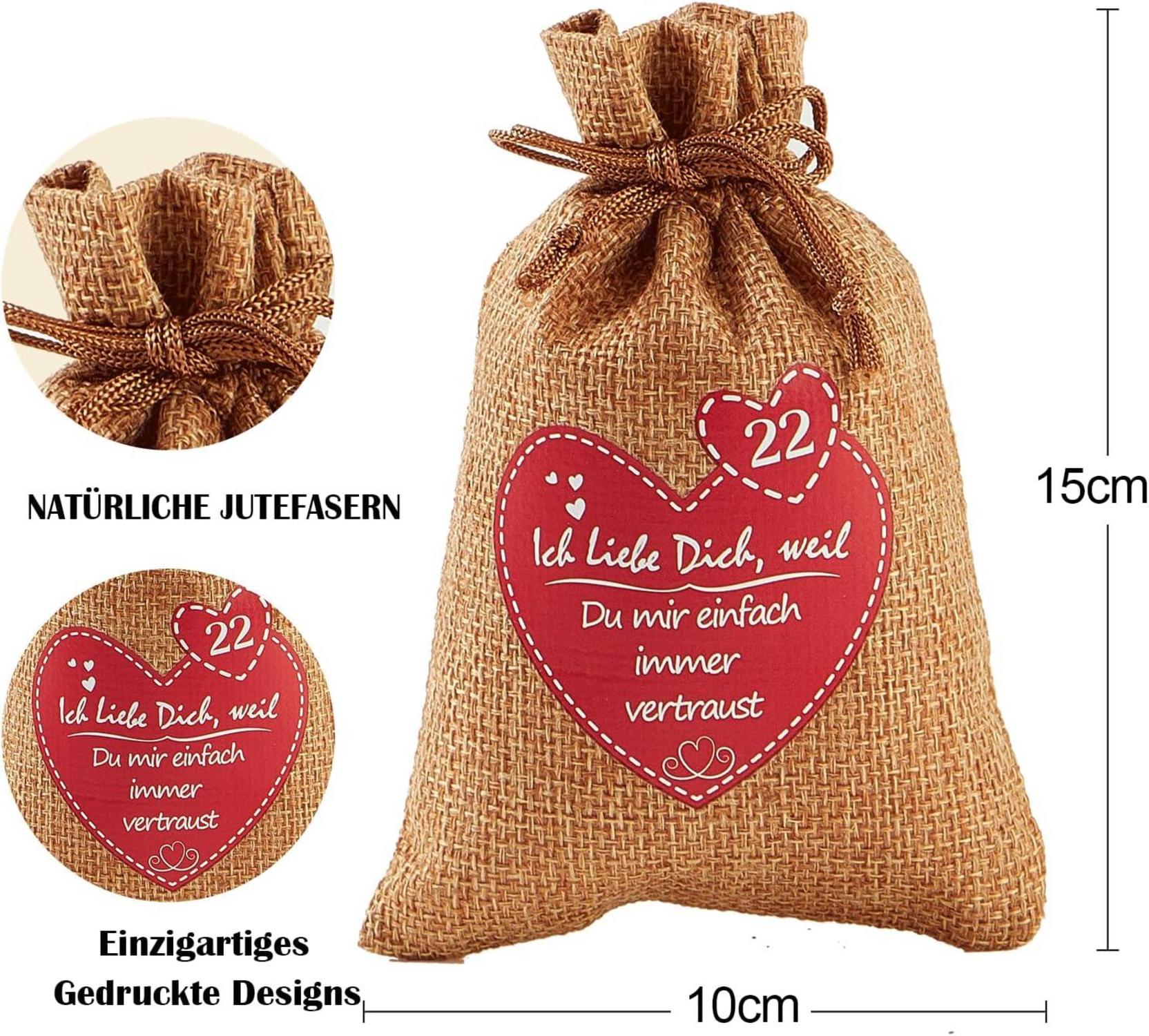 Adventskalender zum Selbst Befüllen mit 24 Gründen Ich Liebe Dich - Weihnachtskalender Jutesäckchen