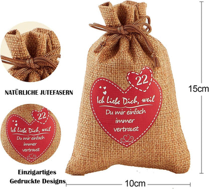 Adventskalender zum Selbst Befüllen mit 24 Gründen Ich Liebe Dich - Weihnachtskalender Jutesäckchen