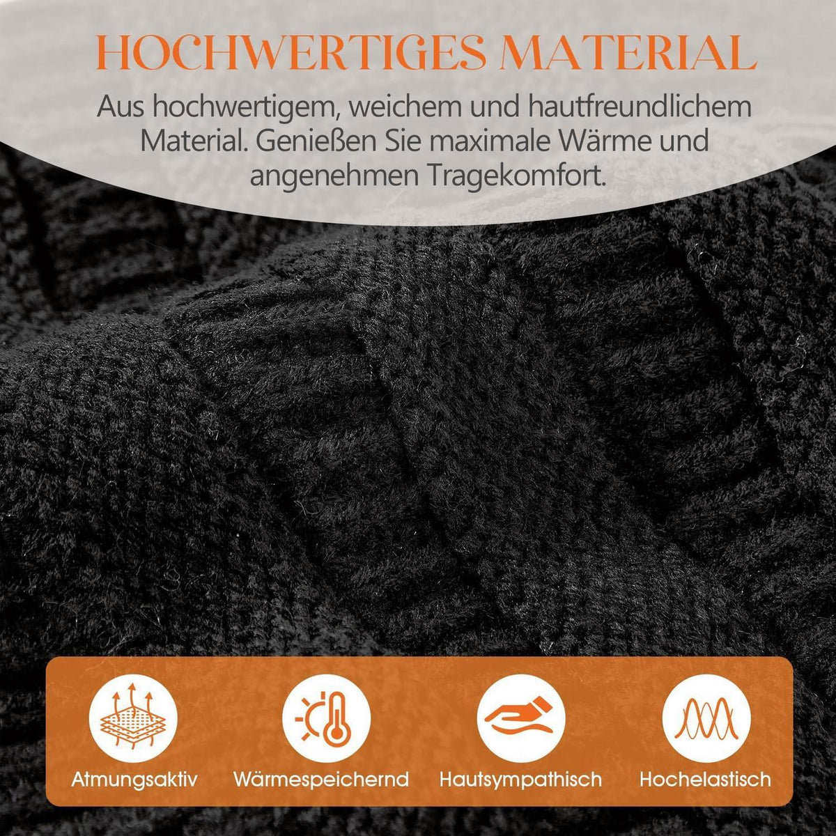 Grobstrick Mütze Damen Winter Beanie mit Fleece-Futter Schwarz