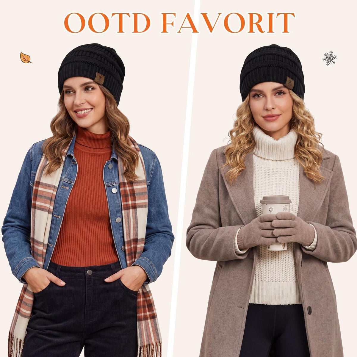 Grobstrick Mütze Damen Winter Beanie mit Fleece-Futter Schwarz