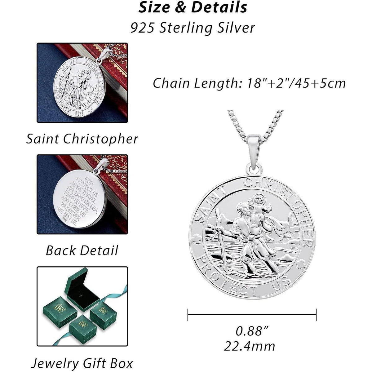 Heiliger Christophorus Kette 925 Sterling Silber, Schutz Talisman, 18 Zoll