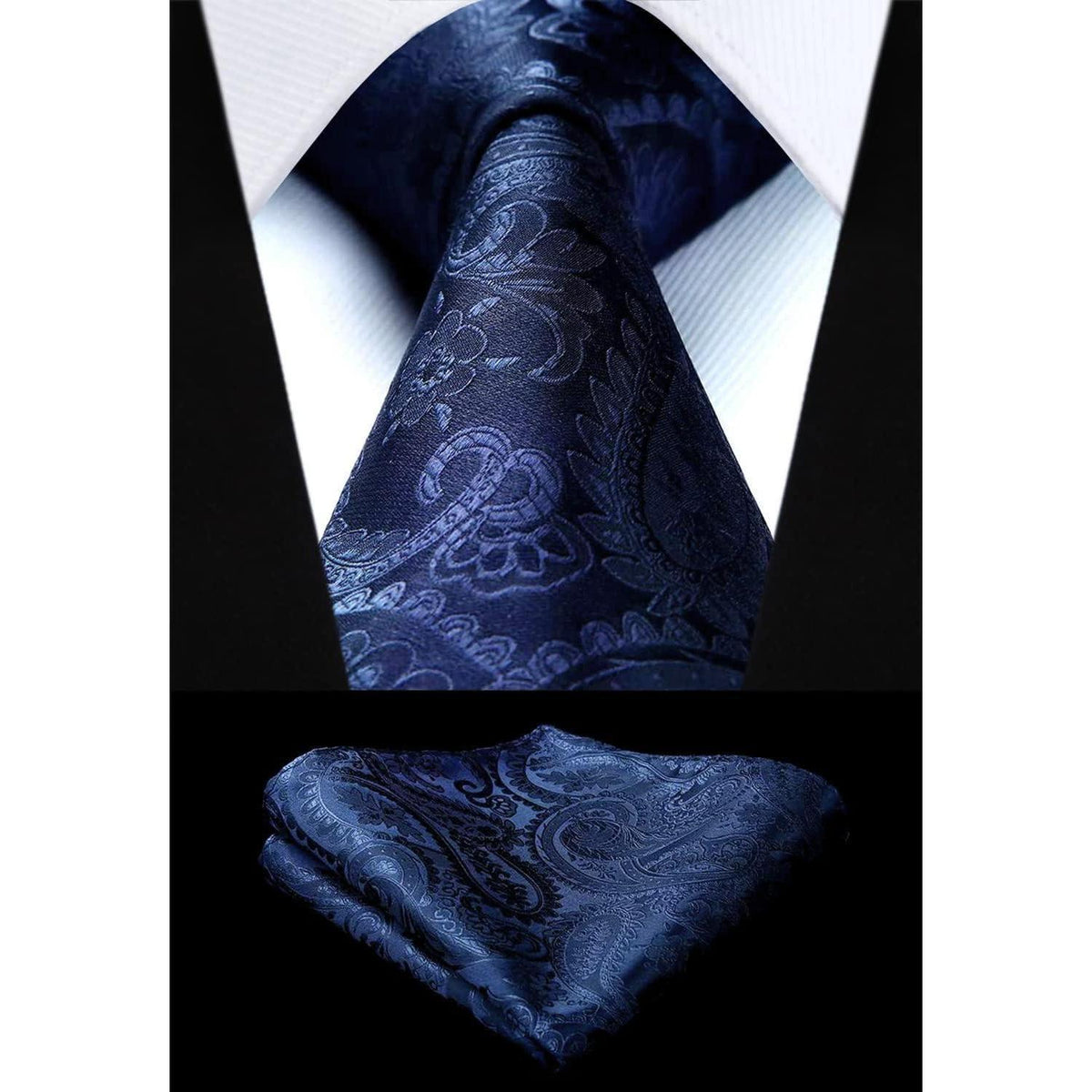 Herren Krawatten-Set mit Einstecktuch, Paisley, Dunkelblau
