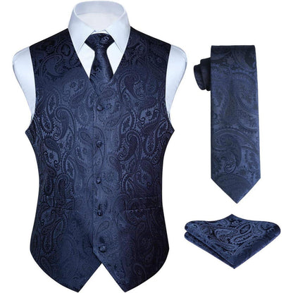 Herren Anzugweste Set Paisley Krawatte Einstecktuch Marine XXL