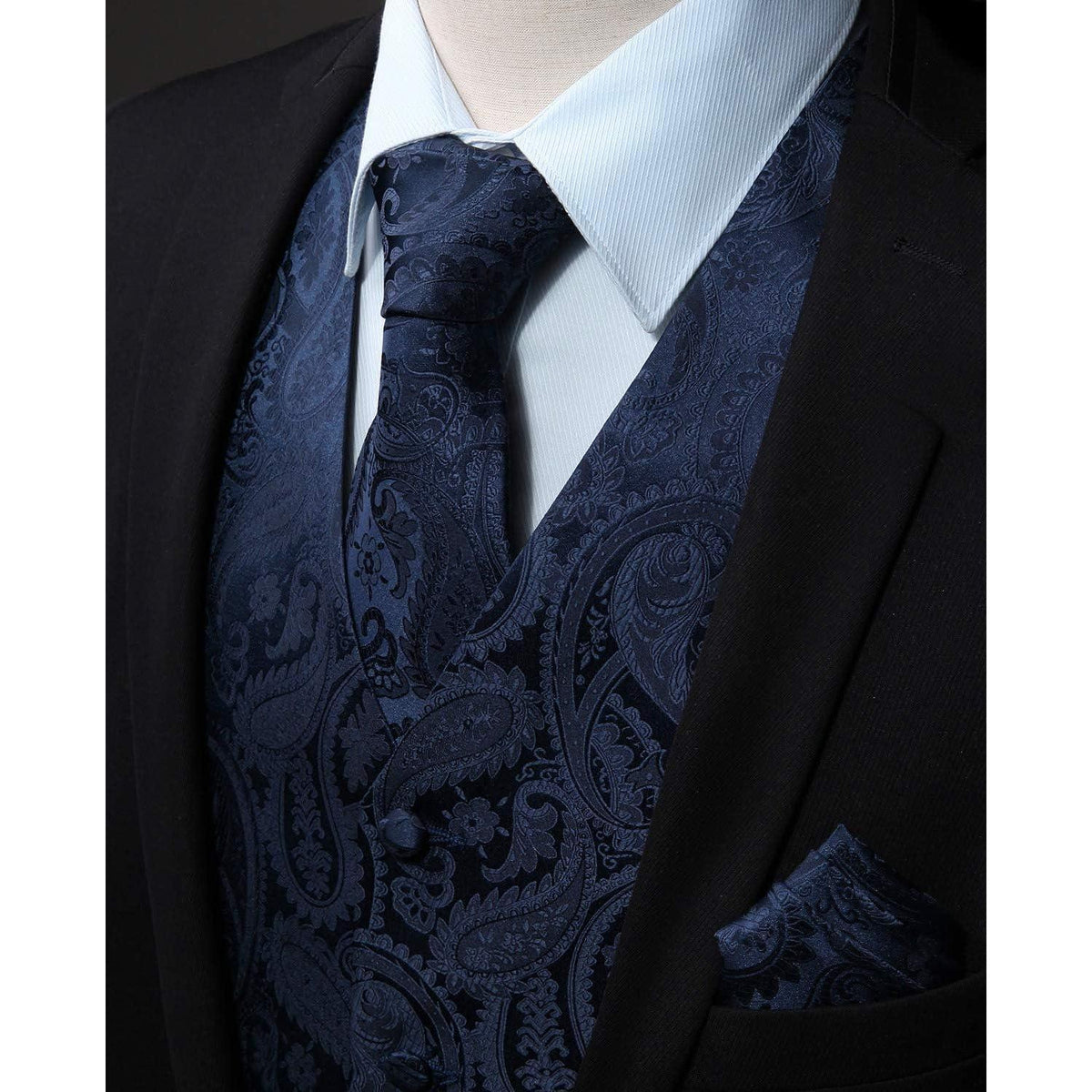 Herren Anzugweste Set Paisley Krawatte Einstecktuch Marine XXL