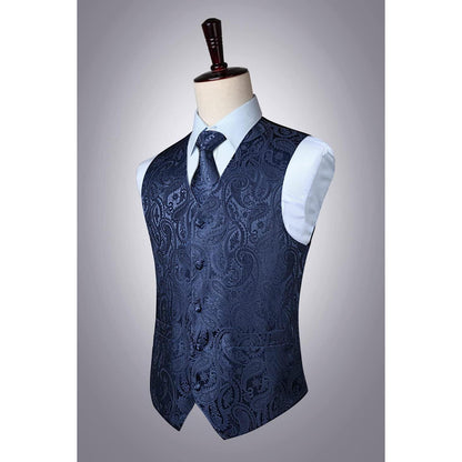 Herren Anzugweste Set Paisley Krawatte Einstecktuch Marine XXL