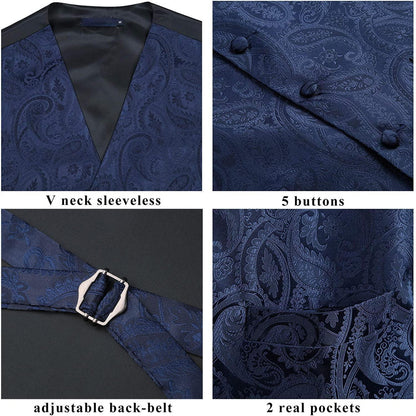 Herren Anzugweste Set Paisley Krawatte Einstecktuch Marine XXL