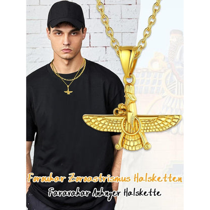 Herren Damen Halskette Faravahar Anhänger Edelstahl Gold vergoldet