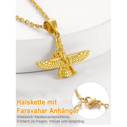 Herren Damen Halskette Faravahar Anhänger Edelstahl Gold vergoldet