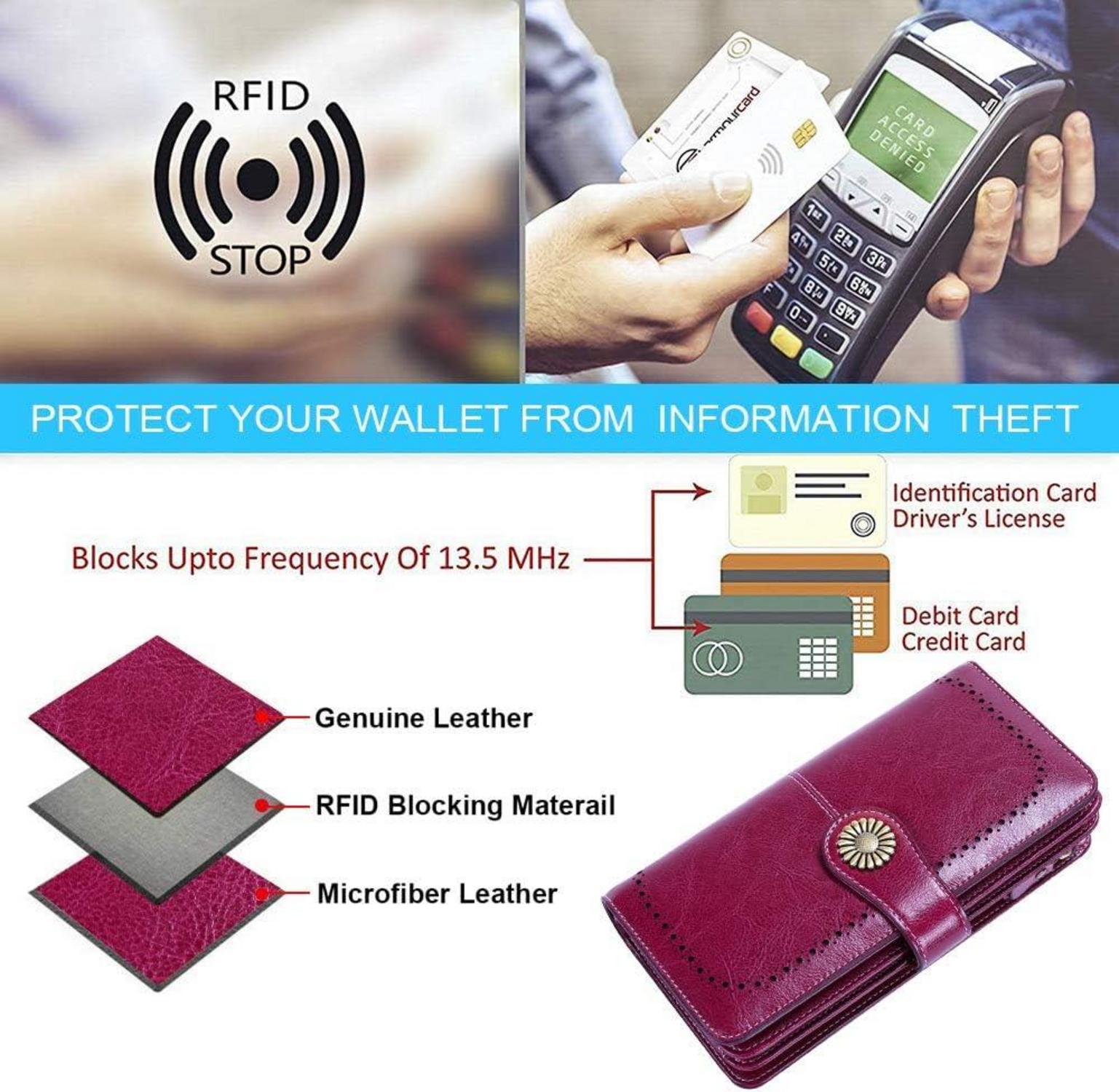 TEUEN Damen Geldbörse Leder RFID Lang Viele Fächer Lila
