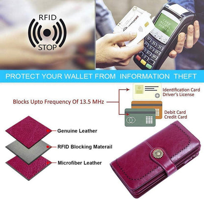 TEUEN Damen Geldbörse Leder RFID Lang Viele Fächer Lila