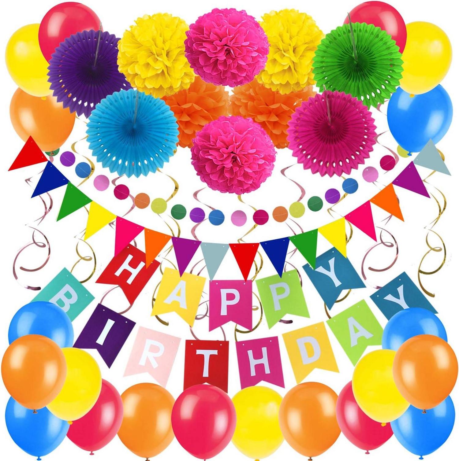 Geburtstag Party Dekoration Set mit Pom Poms, Papier Fans, Wimpel und