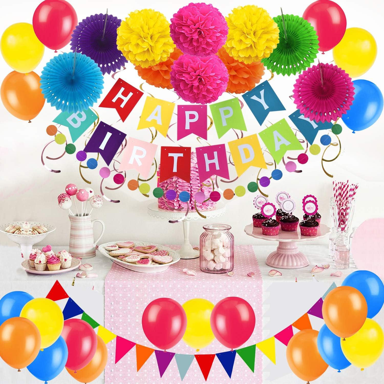 Geburtstag Party Dekoration Set mit Wimpelkette, Pom Poms, Papier Fans, Girlanden und Luftballons - Mehrfarbig