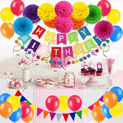 Geburtstag Party Dekoration Set mit Wimpelkette, Pom Poms, Papier Fans, Girlanden und Luftballons - Mehrfarbig