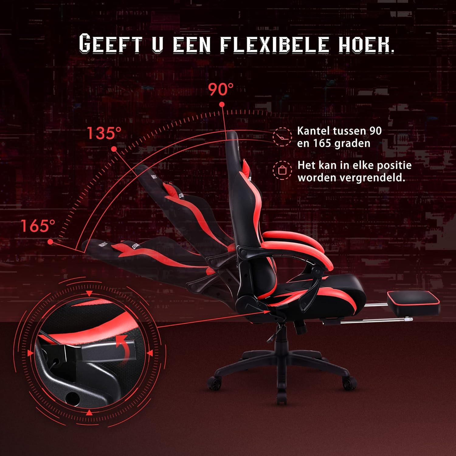 Ergonomischer Gaming Stuhl mit Massage Lordosenstütze und Fußraste - Schwarz/Rot