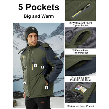Herren Fleece Skijacke Winter Warm Gefüttert Winddicht Armeegrün