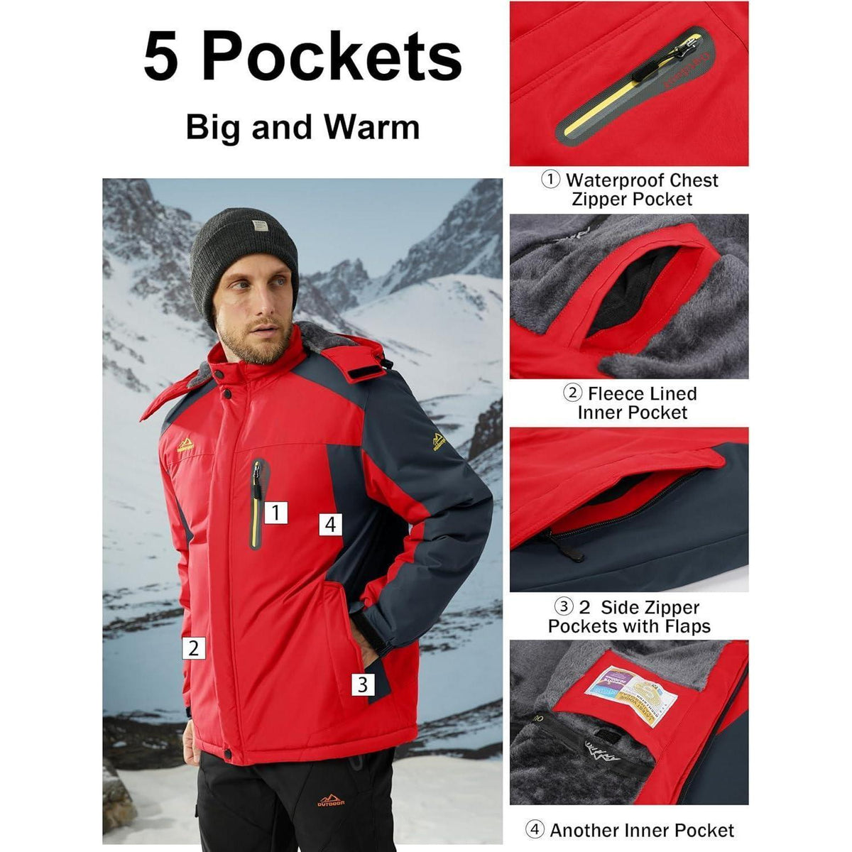 Herren Fleece Skijacke Winter Warm Gefüttert Winddicht Rot L