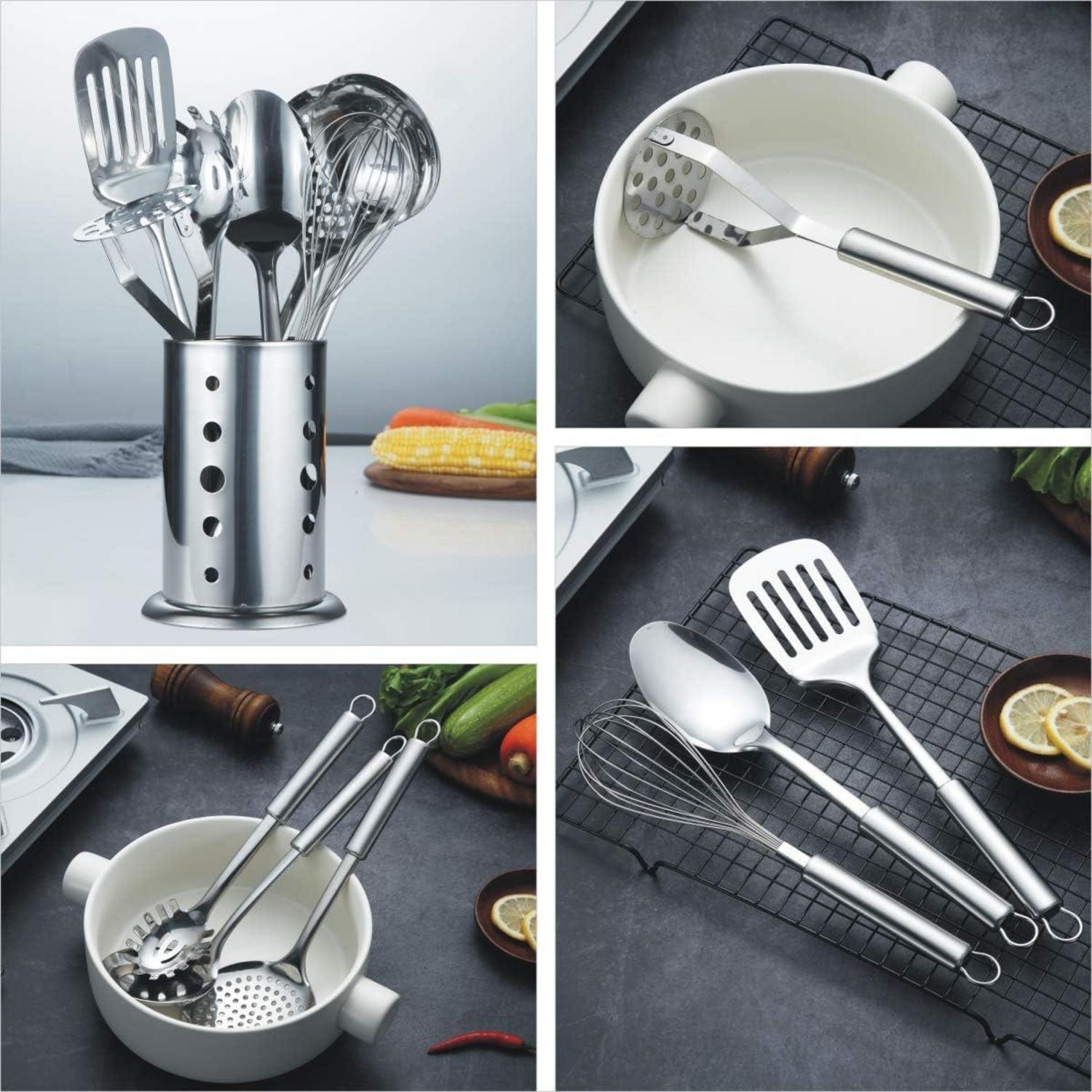 Edelstahl Kochset 7-teilig mit Ständer und Kochlöffel-Set