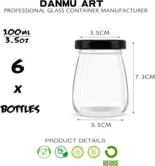 6er Set klare Glasflaschen mit schwarzen Deckeln, 100 ml