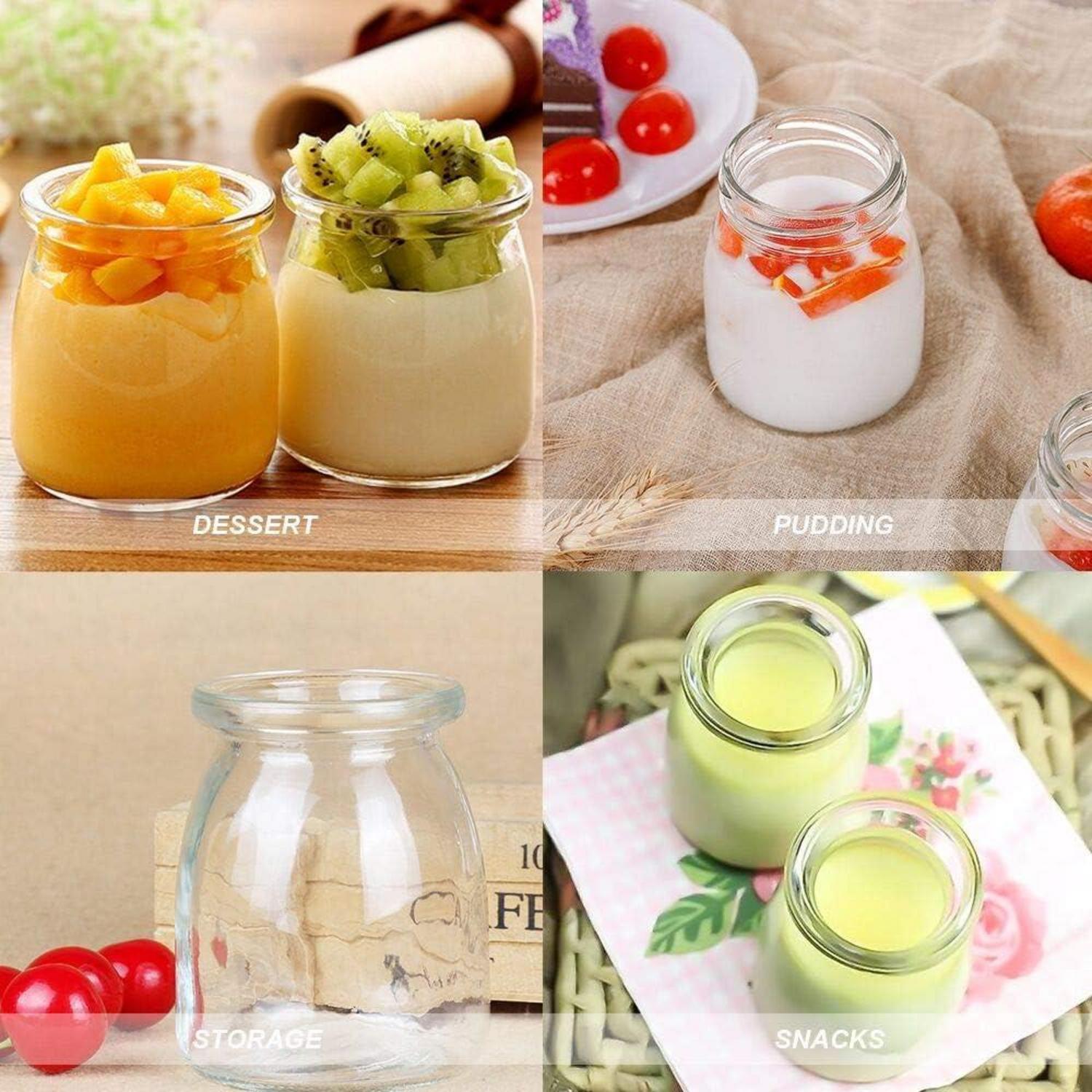 6er Pack klare Glasflaschen mit schwarzen Deckeln für Joghurt/Pudding