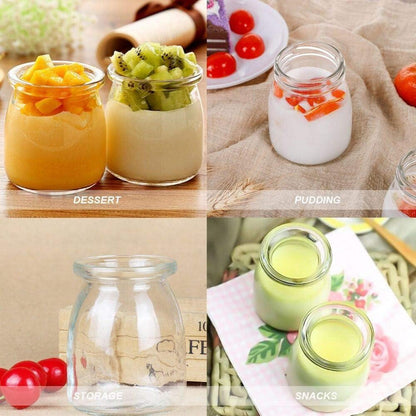 6er Pack klare Glasflaschen mit schwarzen Deckeln für Joghurt/Pudding