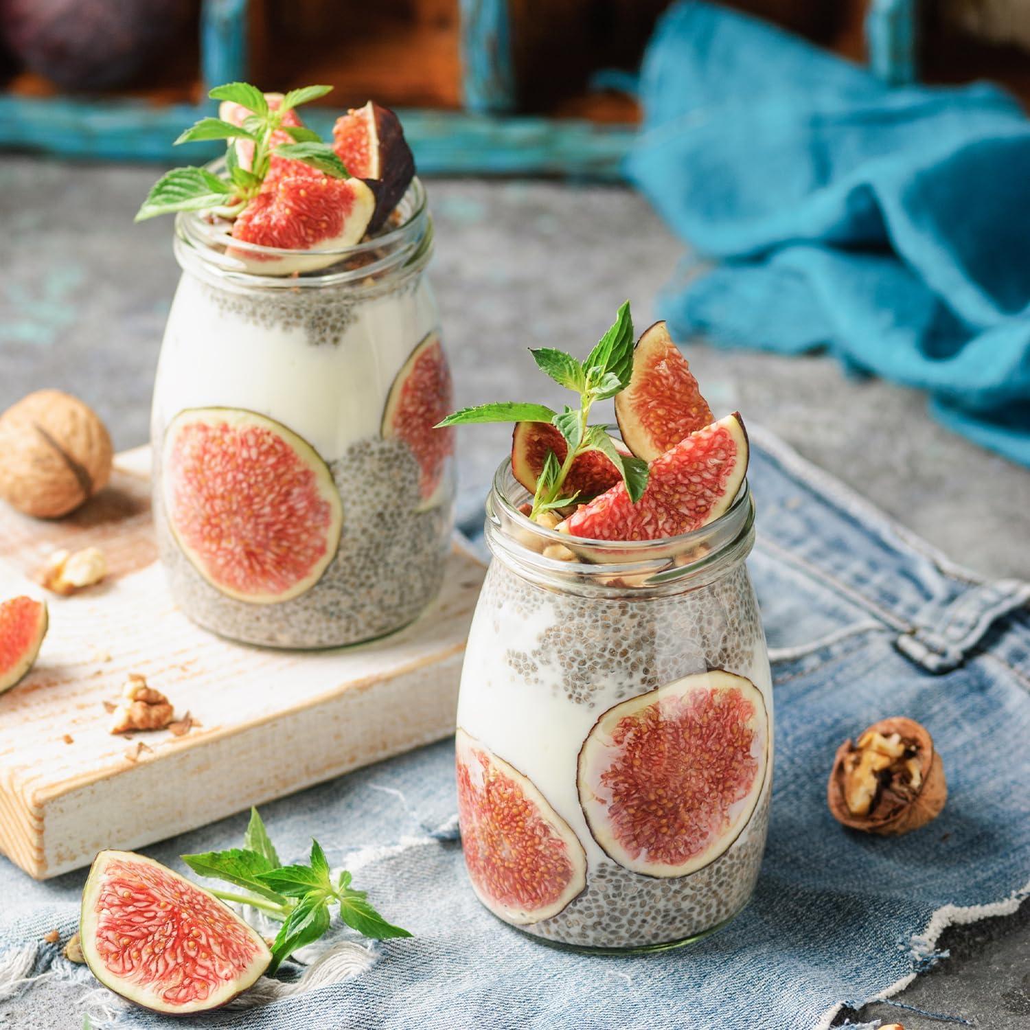 6er Pack klare Glasflaschen mit schwarzen Deckeln für Joghurt/Pudding