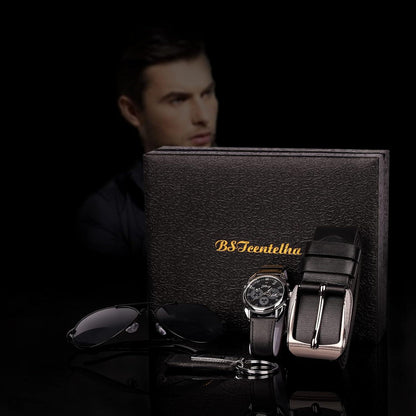 Herren Geschenkset Uhr Gürtel Schlüsselanhänger Sonnenbrille - Dunkelblau