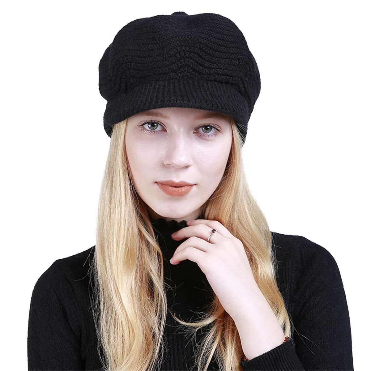 Strickmütze Damen warm mit Schirm Schwarz