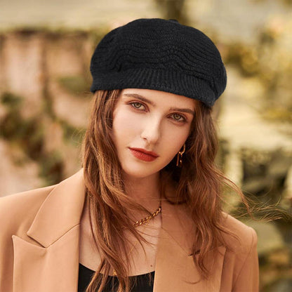 Strickmütze Damen warm mit Schirm Schwarz
