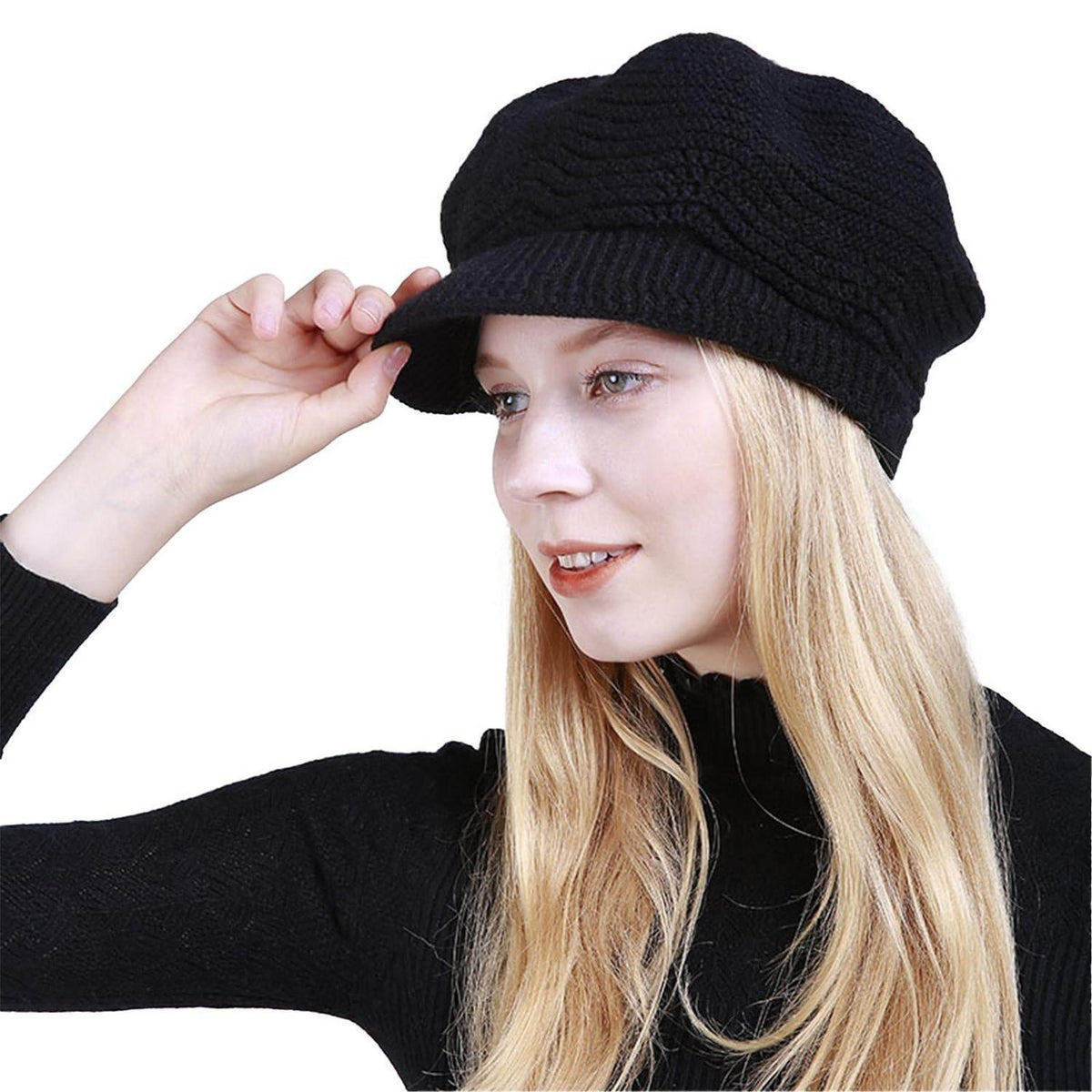 Strickmütze Damen warm mit Schirm Schwarz