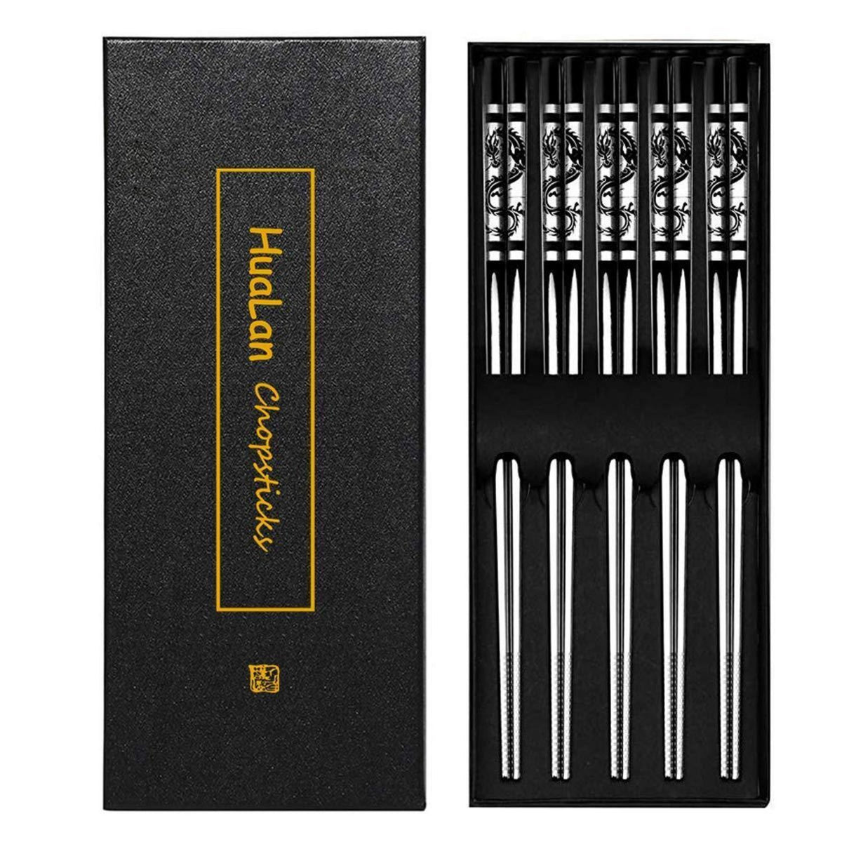Edelstahl Essstäbchen Set mit Drachenmuster – 5 Paar
