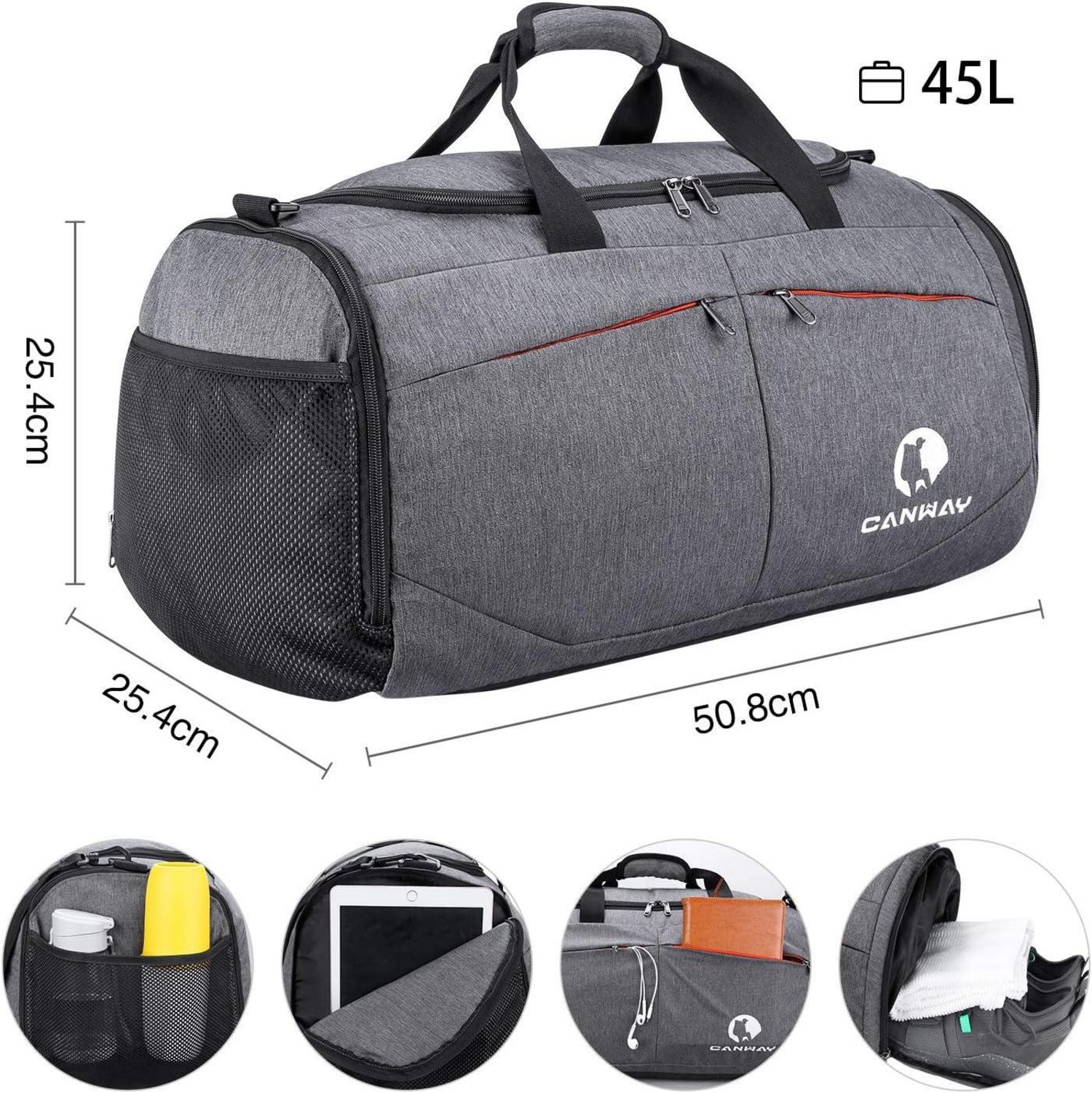 CANWAY Faltbare Sporttasche 45L mit Nassfach und Schuhfach Grau