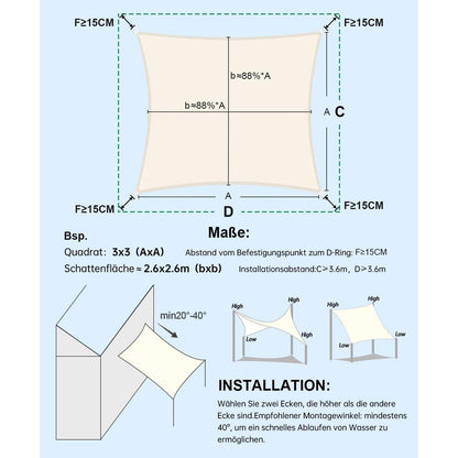 Wasserdichtes Sonnensegel 3x3m Cremeweiß UV-Schutz für Garten & Terrasse