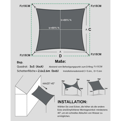 XXL Sonnensegel Wasserdicht 4x4m mit UV Schutz Sonnenschutz