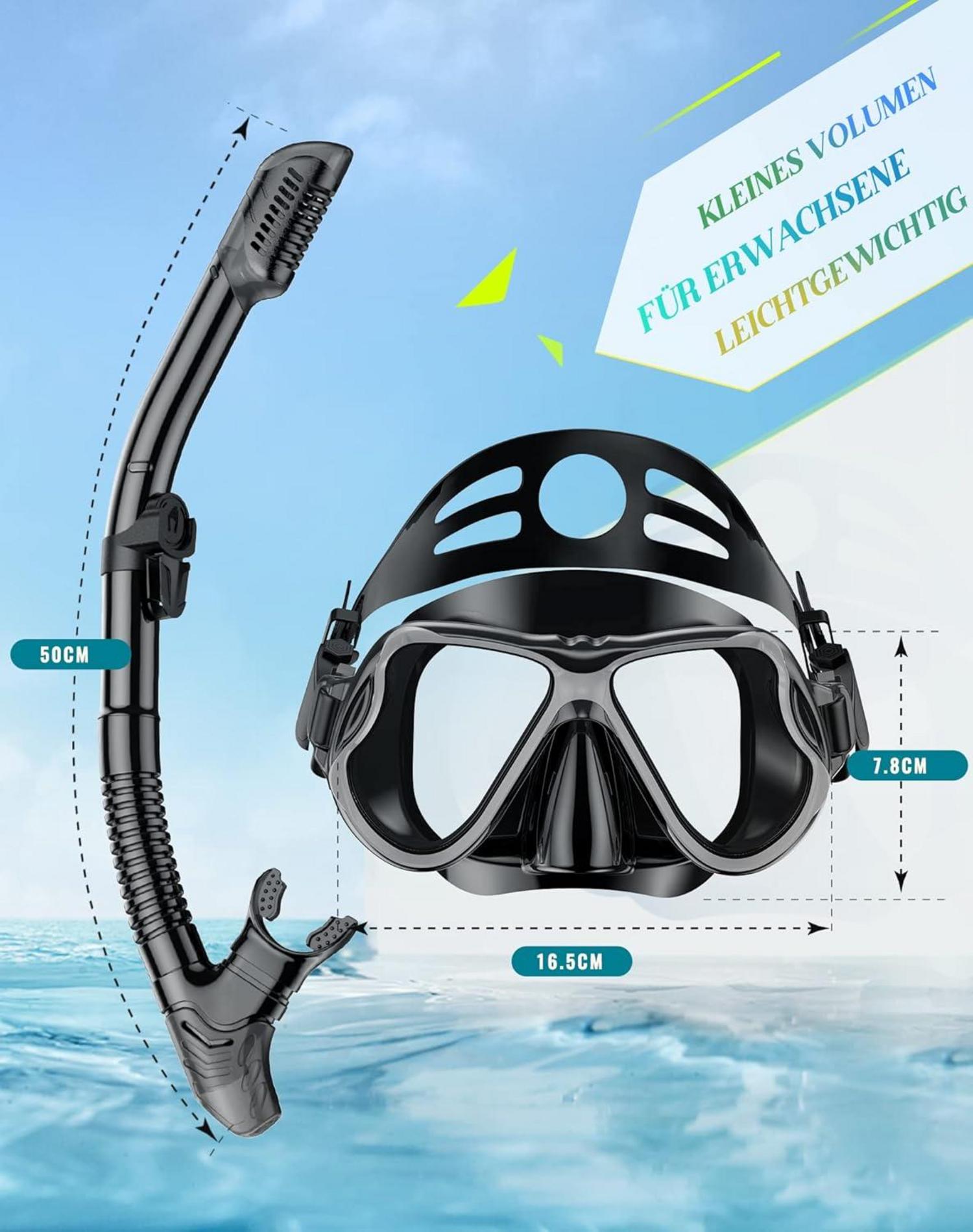 QcoQce Trocken Schnorchelset für Erwachsene A-Schwarz, Anti-Fog Tauchmaske mit Panorama-Weitblick