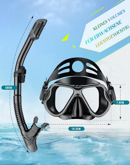 QcoQce Trocken Schnorchelset für Erwachsene A-Schwarz, Anti-Fog Tauchmaske mit Panorama-Weitblick