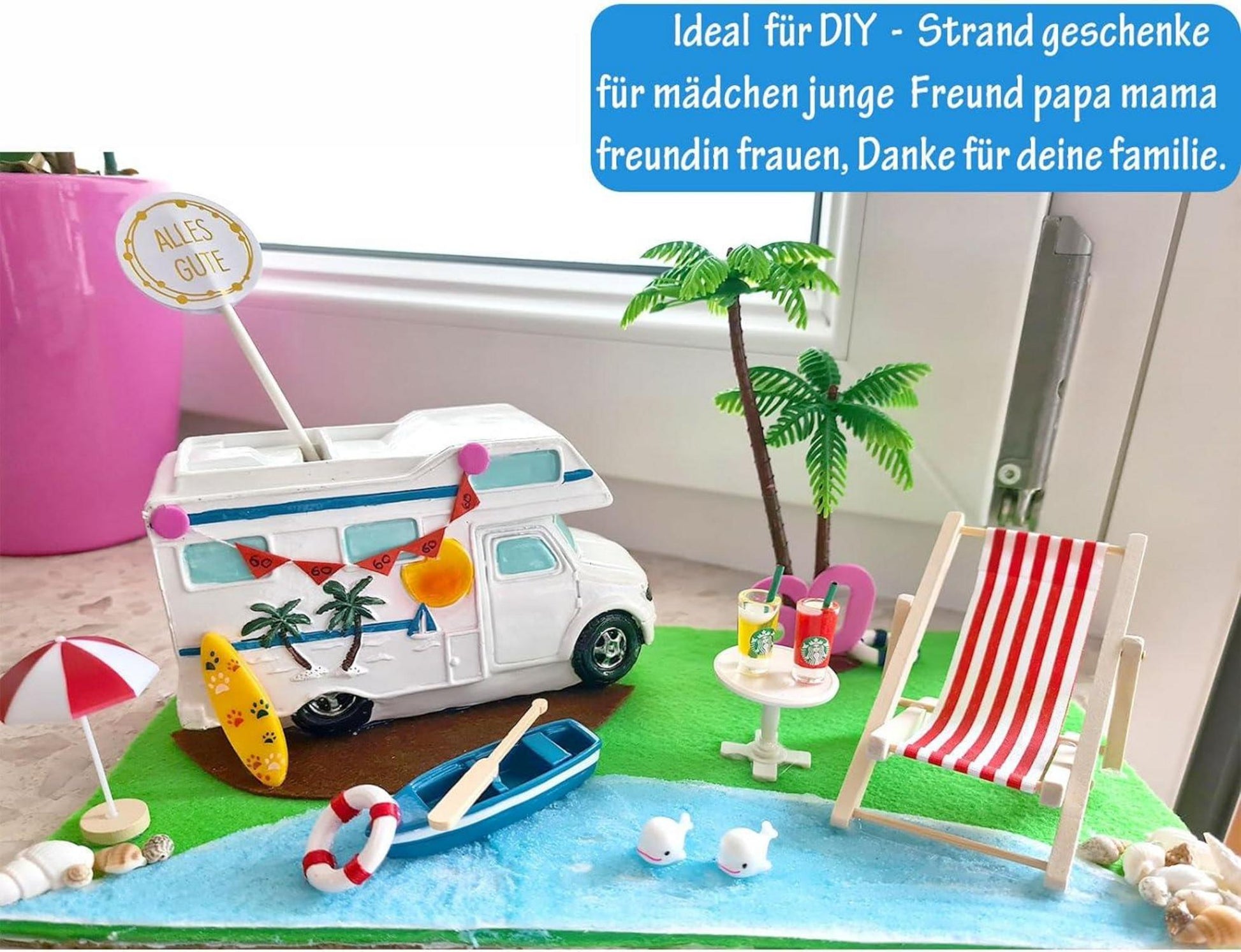 Strand Miniatur Set 16 Stück DIY Deko Ornament Zen Garten Palme Liegestuhl